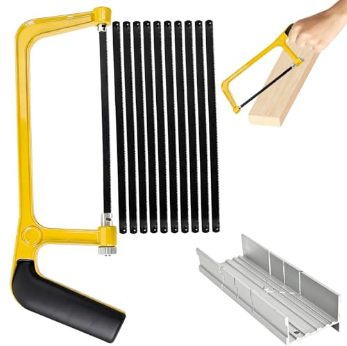 HIVTE Arco de Sierra para Metales Ajustable con Caja de Ingletes, 10 Hojas Bimetálicas, Sierra de Mano para PVC, Azulejos, Bricolaje y Renovación, Herramienta de Taller