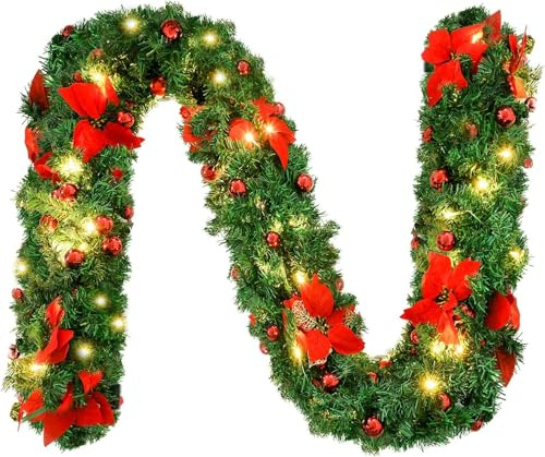 9FT Christmas Garland with Red Berries & Pine Cones - Luxury Artificial Garland for Fireplace Mantle, Staircase & Holiday Decor, Elegant Indoor Decorations for Christmas, Wedding & Party Decorating