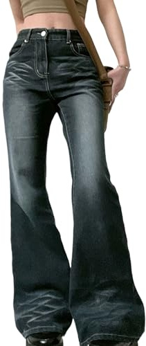 Jeans med hög midja breda ben för kvinnor Y2k solida säckiga denimbyxor stretch klocka botten utsvängda fållbyxor