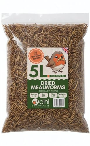 Dihl 5L Premium Dried Mealworms for Wild Birds and Reptiles | Premium, Unflavoured, All Life Stages, High Protein Growth and Repair Feed. 5 Litre Bag for Wild Birds