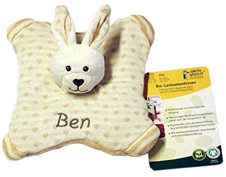 my-mosaik Grünspecht Bio Leinsamenkissen Hase 100% Baumwolle mit Ihrem Wunschnamen Bestickt, für Babys und Kleinkinder zur Geburt, Taufe, Ostern, Weihnachten