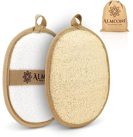 Almooni Natural Loofah Exfoliating Body Scrubber, Made with Natural Egyptian Shower Loofah Sponge, Bath Shower Loofah Sponge for Women and Men, for Face and Body That Gets You Clean - 2 Count (1 Pack)