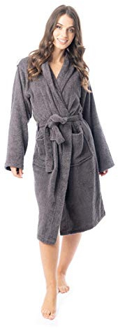 Daisy Dreamer Womens Robe Luxury Terry Towelling 100% Cotton Dressing Gown Bathrobe Highly Absorbent Ladies Hooded Bath Wrap, Charcoal 8-10
