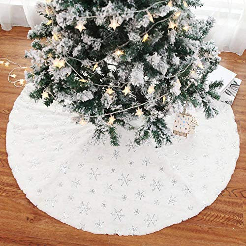 BAKAJI Tappeto Gonna Copertura per Base Albero di Natale Diametro 78cm in Morbido Tessuto Peluche Bianco Effetto Neve Innevato con Decorazione Fiocchi di Neve Addobbi Natalizi (Silver)