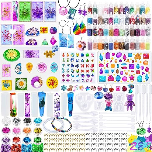 MUOIVG 289 PCS Stampo in Resina,Stampi in Resina Epossidica con 60 Paillettes di Colore,Stampi Silicon Gioielli,Kit di Stampo in Silicone, per la Creazione di Gioielli,Pendenti per Collane,Fai da Te