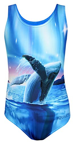 Aquarti Badeanzug Mädchen – Sportlicher Mädchen Badeanzug mit Ringerrücken Print, Farbe: Wal/Polarnacht/Blau/Rosa, Größe: 128