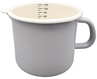 linoows Milchtopf, Emaille Kochtopf, Henkeltopf mit Skala, Pastell grau und cremefarben