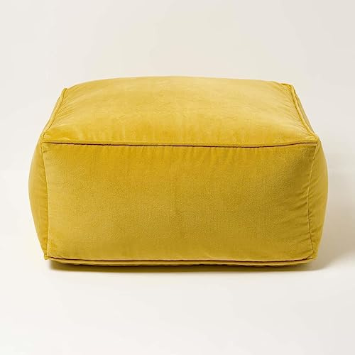 HOMESCAPES Mustard Yellow Velvet Pouffe Cube 60 x 60 cm Square Bean Bag with 100% Cotton Velvet Cover & Piped Edging Large Plush Footstool for Living Room