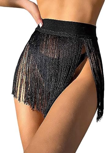 Vatocu Gonna da donna con nappe, a vita alta, con frange, minigonne, copricostume da spiaggia, danza del ventre, gonna per feste, Nero , Taglia unica