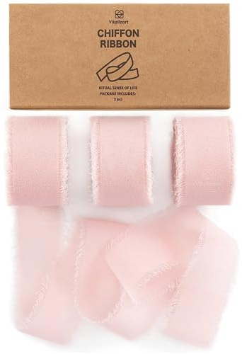 Vitalizart Blush Pink Chiffon Ribbon 1 x 21 Yd for Crafting & Decoration | Silky Fringe Fabric Ribbons (3 Rolls x 7 Yd), for Wedding Invitation, Bridal Bouquet, Gift Wrapping, Bows Making
