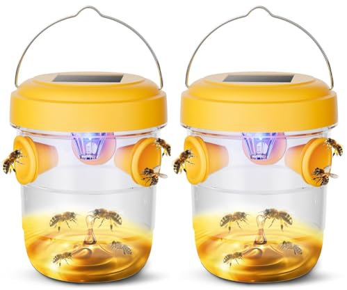 2PACK Wasp Trap,Wasp Trap Outdoor Hanging,Yellow Jacket Trap,Reusable Hanging Hornet Trap,Bee Catcher Outdoor Hornet Traps,Solar Powered Wasp Killer Hanging with UV LED Light(yellow)