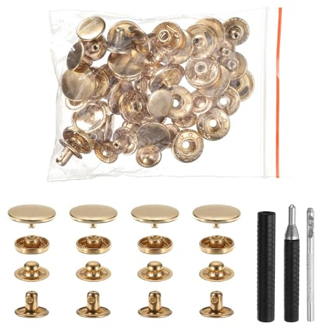 HARFINGTON 50 Set Leather Snap Fasteners Kit 17mm Metal Snap Button Press Studs Leather Rivets Snaps with 3 Setter Tools for Clothes Jackets Jeans Wears Bags, Gold