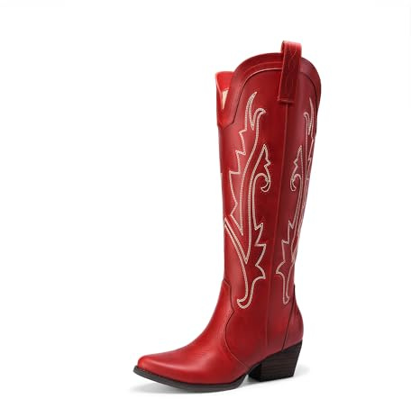 DREAM PAIRS Womens Cowboy Knee High Boots Comfortable Pull On Side Zipper Chunky Heel Embroidered Western Cowgirl Boots Retro Tall Boot for Theme Party Country Concert