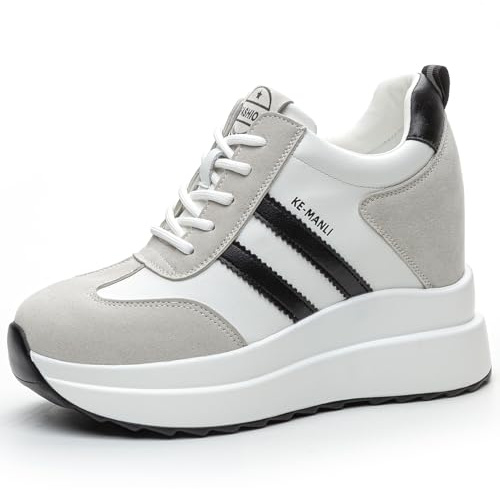 JAOOUU Basket Compensée Femme Baskets à Plateforme avec Talon Compensé (10 cm) Chaussures Femme Mode en Cuir Style Décontracté Élégant Sneakers avec Semelle Intérieure Réhaussée Gris 38EU