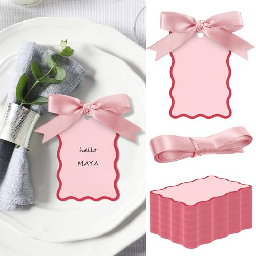 MotiMind 200 Pcs Scallop Name Place Cards for Table Setting DIY Wedding Placecards with Ribbon Include 100 Name Table Cards and 100 Ribbon for Weddings Party Celebrations Supplies(Pink)