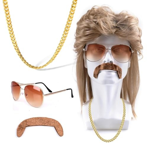 Feithmonic Perruque Mulet Hommes Année 80 70s, Marron Clair Longue Perruques avec Lunettes de Soleil, Fausse Barbe, Collier, Disco Rock Coiffure pour Carnaval, Cosplay, Halloween, Soirée Fête à Thème