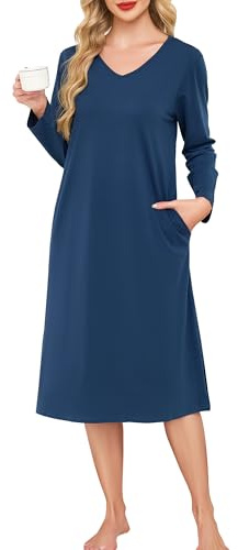 Wikoan Women's Long Sleeves Nightdress Midi Side Slits Nightwear S‑3XL | Ladies Cotton Sleep Shirt Elegant V Neck Loungewear Dress with Side Pockets Cosy Nightwear for Weekend Relaxation