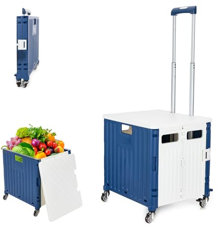 Einkaufstrolley Klappbar, Einkaufstrolley mit Deckel 65L bis 40KG, Kunststoff Einkaufswagen Klappbarer mit Teleskop-Griff, Shopping Trolley mit 360° Drehung Rädern - Weiß