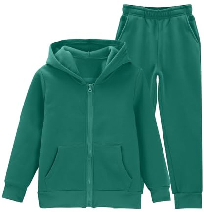 2 piece cotton jogging set for teen kids plain zip up hoodies sweatpants outfits boys girls soft hoodie sweatshirts and wide leg Sweat trousers clothes (Blackish Green, 11-12 Years)