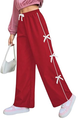 WDIRARA Toddler Girl's Bow Side Waist Track Pants Cute Wide Leg Trousers Red 9Y
