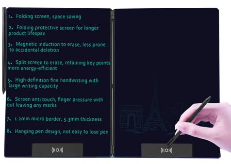Cuifati Tablette D'écriture LCD Pliable de 14,3 Pouces, Bloc de Croquis Plein écran, Conception sans Cadre, Affichage Vert avec Stylet, Planche à Dessin LCD Réutilisable pour