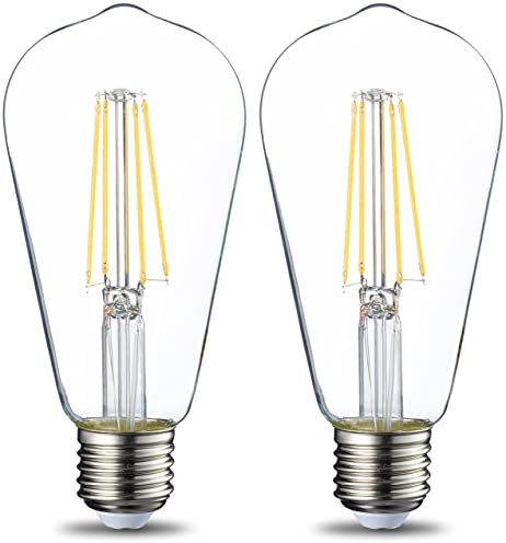 Amazon Basics Lampadina a LED vintage, ST64, attacco Edison E27, 7 W (equivalente a 60 W), con filamento chiaro, confezione da 2, non dimmerabili, Luce Bianca Calda