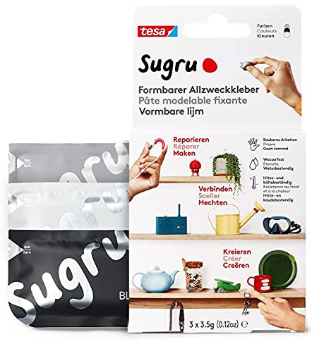 Sugru by tesa - Formbarer Allzweckkleber, 3er-Pack, 3 x 3,5 g, Schwarz, Weiß & Grau - vielseitige Klebeknete - zum Dekorieren, Kleben, Reparieren und für kreative DIY-Anwendungen