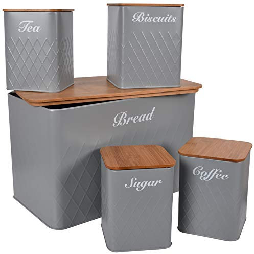 HOCHSTE Kitchen Storage Tins 5pcs Canister Set Bamboo Lid Bread Bin Tea Coffee Sugar Jar Square Jar Grey X-Large (24cm High)