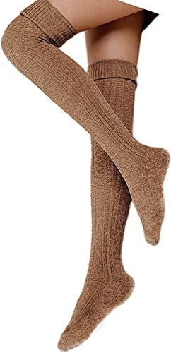 Chaussettes Hautes Montantes Femme de Genoux Longues Coton Chaudes Cuisse Haute pour Filles et Femmes (Kaki)