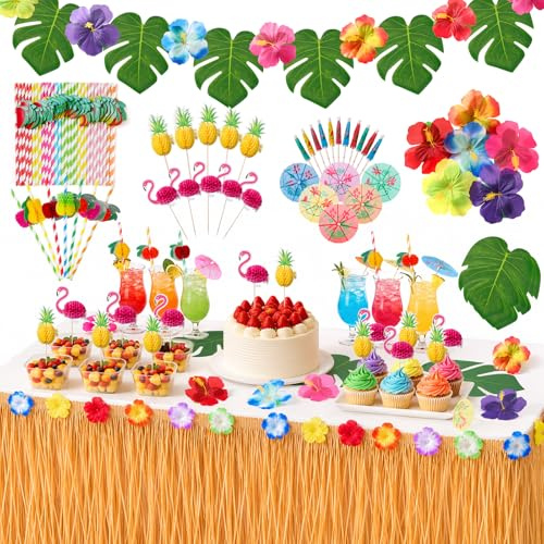 URBZUE Hawaiian Tropical Party Decoration Set, Hawaii Luau Grass Table Skirt, Palm Leaves, Flowers, Supplies, 83 Pieces Decorations for BBQ, Garden Summer, Birthday, Cocktail Accessories
