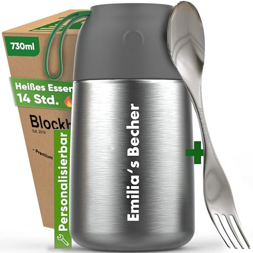 Blockhütte Thermobehälter 730 ml I Personalisierte Geschenke für Männer, Frauen mit Löffel, Müsli Lunchbox, Joghurtbecher to go für Porridge, Geburtstagsgeschenk, Thermobecher mit Deckel