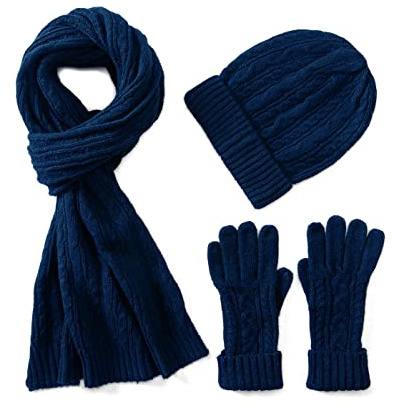 Villand 3 in 1 Womens Wool Hat Gloves & Scarf Winter Set, 3 Piece Cable Knitted Beanie Hat for Women with Gift Box (Navy Blue)