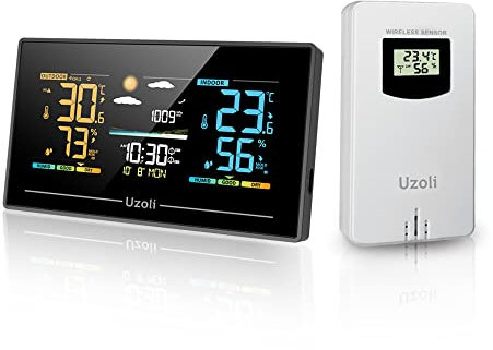 Uzoli EM3405 - Stazione meteo con sensore esterno, termometro igrometro previsioni meteo, pressione dell'aria, livello di comfort, rischio di muffa, stazione meteo radio con display a colori