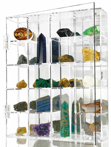 Vitrine réglable en Acrylique Transparent avec étagères, Organiseur de Rangement pour Mini Figurines Pop, Objets de Collection, Cristal minéral, Pierres, Montage Mural, avec Miroir et Couvercle