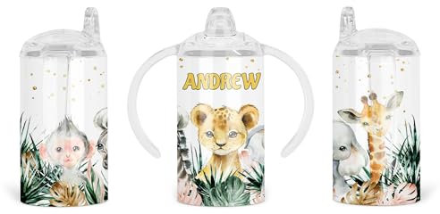 Personalisierte Baby-Schnabeltasse – Edelstahl doppelwandige Tasse für Kinder – isolierte Schnabeltasse 350 ml (Safari-Tiere)