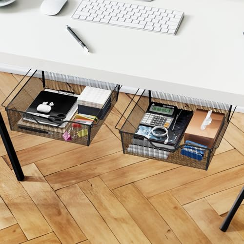 NOVIMANGO Under Desk Drawer 2Pcs, Metal Hidden Desk Organiser, Undermount Storage Drawer, Space-Saving Hidden Organizer, Under Desk/Table/Shelf Tray Slide Out for Home, Office, Vanity (Black)