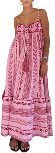 Vestido Largo de Verano para Mujer, Estilo Bohemio con Estampado Geométrico, Tirantes Delgados, Elegante, Corte en A, Informal para Playa