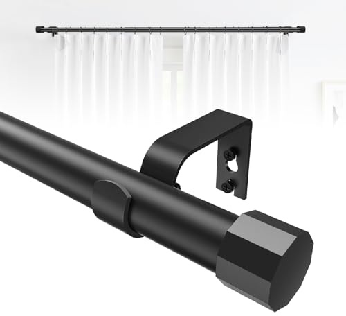 Jialexin Curtain Pole 40-116cm, Matte Black Rail with Geometric Diamond Finials, 25mm Luxury Prismatic Rod for Bedroom Décor (16-46 Inch)