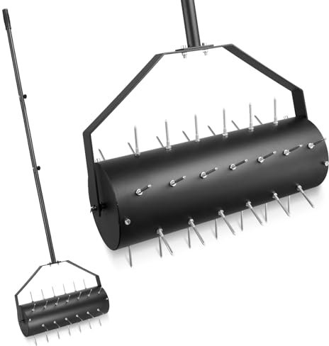 Ricyea Aérateur de pelouse, manuel, aérateur de pelouse, rouleau de gazon avec 39 clous (6 cm) et manche, scarificateur manuel pour cours, surfaces de pelouse dans le jardin (44 cm x 141 cm/93,5 cm)