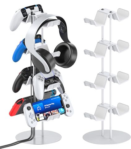 Kytok Soporte para Cascos Gaming, 4 Niveles Soporte Mando & Headset Stand con Organizador de Cable, Universal Soporte Auriculares y Mando Mesa para Headphone/Headset, Accesorios Gaming,Blanco