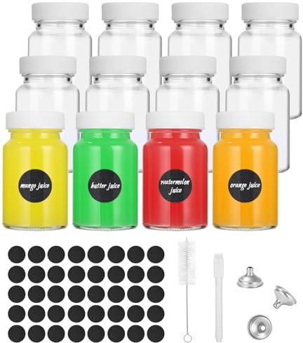 Hixava 12 Pièces 60ML Petites Bouteilles Petite Bouteille en Verre Vide Miniatures Bouteilles de Jus en Plastique avec Entonnoir Étiquettes Bouchon Brosse pour Jus Ginger Shot