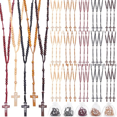 INTERWARM 50Pcs Wooden Rosary Beads Necklace, Cross Pendant Rosary Necklace with Organza Bags 8MM Wooden Beads Pendant Baptism Favors for Men Women Christian Jewelry Gifts, 5 Colors