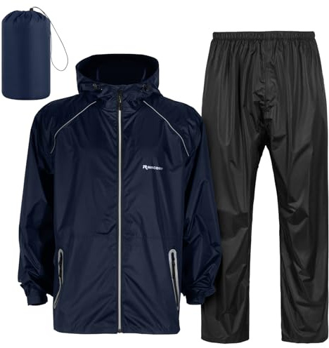SOPPY Waterproof Rainsuit Jacket Pants Suits, Hooded Rain Jacket Waterproof Rain Coat with Trousers, Packable Raincoat Sets with Carrying Bag for Fishing Hiking Camping (Blue, M)