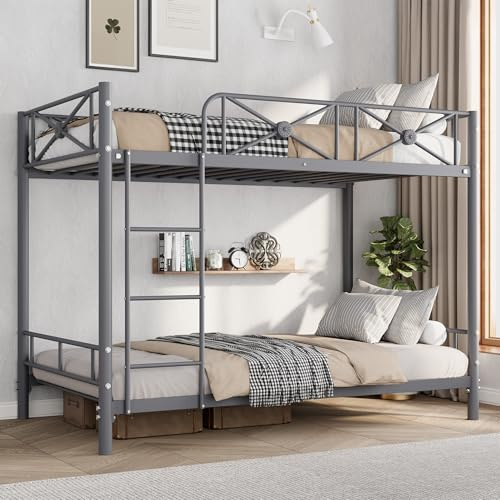 IDEALHOUSE Metal Bunk Bed Twin Over Twin, Modern Heavy Duty Bunkbeds with Safety Guard Rails & Space-Saving Design, Steel Twin Bunk Beds for School, Bedroom, Grey