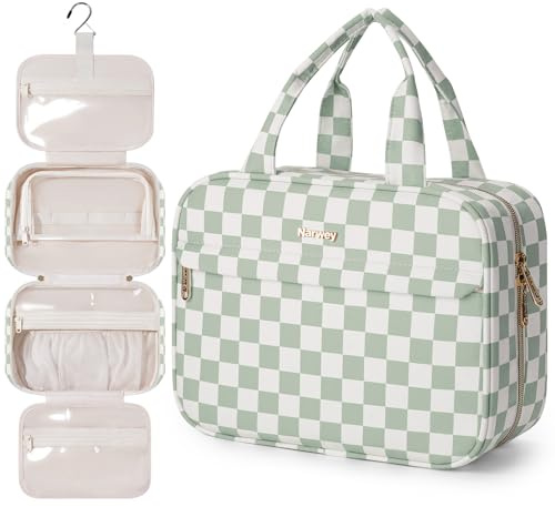 Narwey Checkered Hanging Travel Toiletry Bag for Women Toiletries Wash Bag | Portable Washbag with Multiple Organized Pockets, Makeup Cosmetic Bag for Travel Size Essentials, Dry Wet Separation, Gifts