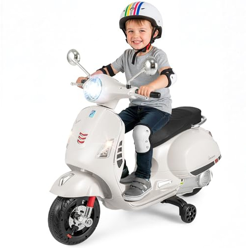 COSTWAY 12V Vespa Moto Électrique Enfant avec Musique Klaxon Histoires Phares LED, Voiture Électrique Enfant avec Roues d'Entraînement Amovibles et Pédale, 2-3 km/h, Charge 30 kg, 3-6 Ans (Blanc)