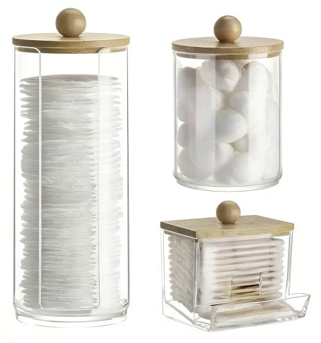 WZHHDM 3PCS Cotton Pad Holder, Cotton Wool Pad Holder, Cotton Pad Dispenser | Bamboo Lid For Vanity Cotton Ball Qtips Makeup Storage Organiser Cosmetic Storage Box