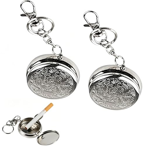 Ousuwo Lot de 2 cendriers de poche portables en acier inoxydable avec motif floral exquis et porte-clés, cendrier compact et moderne pour sac à main, idéal pour les voyages, le camping, les activités
