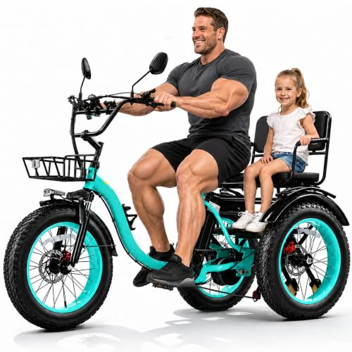 KAKIGO Electric Tricycle with Passenger Seat,Two Seater Electric Tricycle for Adults,48V 15.6Ah 2 Seater Electric Trike,Front&Rear Basket,Rear Differential