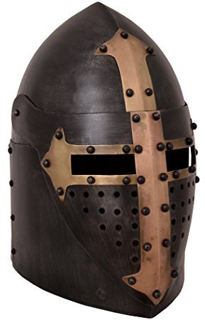 Battle-Merchant Topfhelm mit klappbarem Visier, 1,6 mm Stahl, Antikfinish Mittelalter Helm